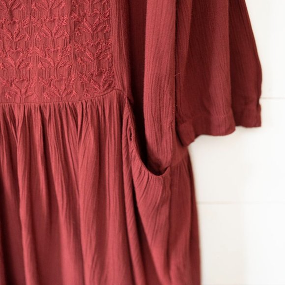 Massimo Dutti dress Burgundy Embroidered Pockets Fall Christmas sz 12 L Large - Picture 4 of 7